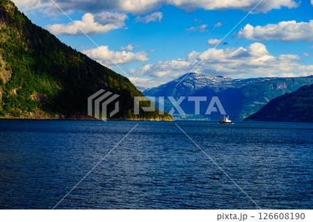 Fjord landscape with ferry, Norway Fjord landscape with ferry, Norway 126608190