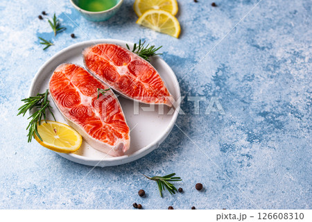 Raw uncooked salmon with rosemary 126608310