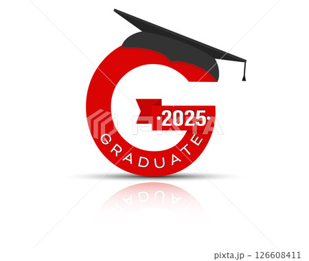 Stylized letter G with the inscription Graduate 2025 and the graduate cap. Simple stock design isolated on a white background for design and decoration 126608411
