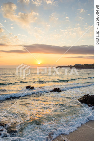 sea beach landscape at sunrise in summer. sun on the sky 126608499
