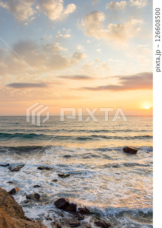 sea beach landscape at sunrise in summer. sun on the sky sea beach landscape at sunrise in summer. sun on the sky 126608500