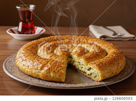 Delicious hot Turkish Kol Borek spiral pastry with sesame seeds. Served on plate with tea Delicious hot Turkish Kol Borek spiral pastry with sesame seeds. Served on plate with tea 126608503