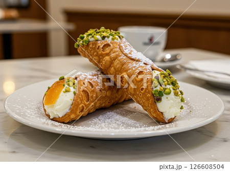 Delicious crispy Italian Cannoli pastries filled with creamy ricotta, topped pistachios and sugar Delicious crispy Italian Cannoli pastries filled with creamy ricotta, topped pistachios and sugar 126608504
