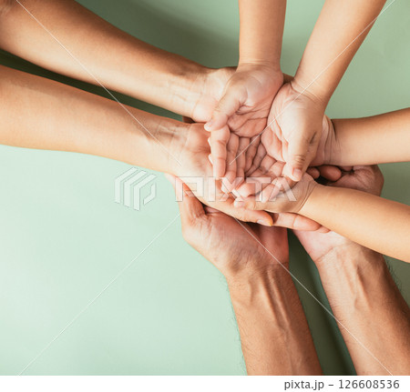 Family Day celebration, Top view of parents and kid holding empty hands isolated. Expressing togetherness and the heritage across generations. 126608536