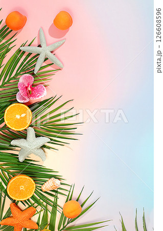 Tropical background with exotic fruits, Fruity sunny banner. Summer in a snapshot, oranges, apricots, seashells, orchid flowers on a bright background with shadows from a palm tree, template for Tropical background with exotic fruits, Fruity sunny banner. Summer in a snapshot, oranges, apricots, seashells, orchid flowers on a bright background with shadows from a palm tree, template for 126608596
