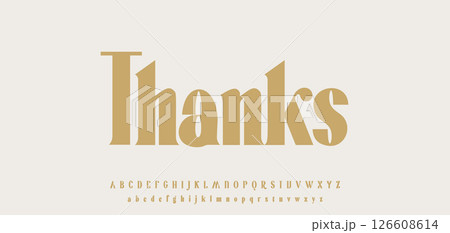 Thank you message in retro serif golden font for subscribers and followers. Stylish classic Thanks lettering for greeting card, logo, headline, branding or banner design. Vector illustration. 126608614