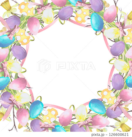 Wreath frame of Easter eggs, twigs and spring flowers. watercolor illustration isolated set on white. Eggs, narcissus and willow hand drawn pastel tones for Easter cards, packaging and festive decor Wreath frame of Easter eggs, twigs and spring flowers. watercolor illustration isolated set on white. Eggs, narcissus and willow hand drawn pastel tones for Easter cards, packaging and festive decor 126608621