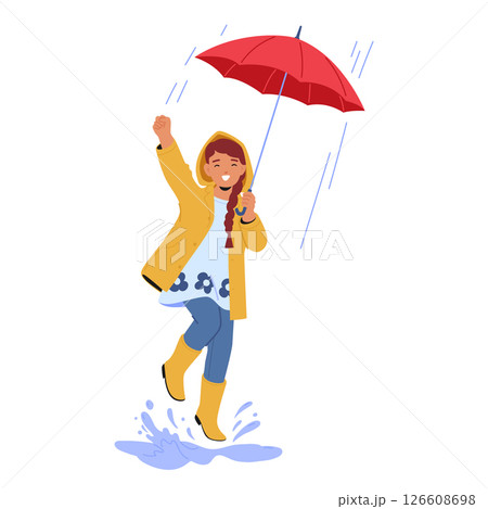 Delightful attractive fashion girl child character dancing under rain holding umbrella in hand Delightful attractive fashion girl child character dancing under rain holding umbrella in hand 126608698