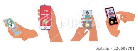 Human hands calling emergency service, dial 911 for first aid and transportation to hospital set 126608701