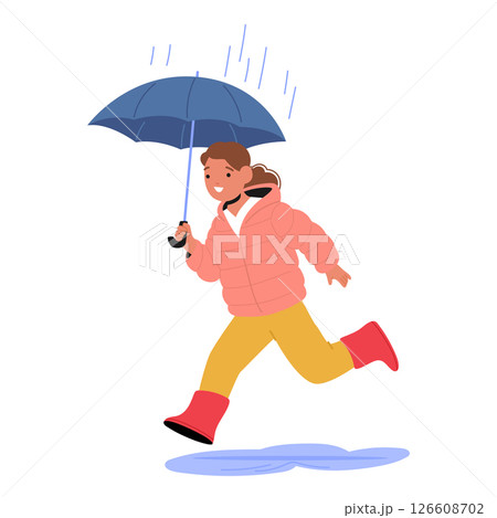 Busy little girl child cartoon character with umbrella running fast hurrying up isolated on white 126608702