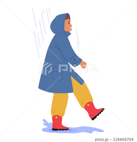 Cute mischief carefree boy child cartoon character in raincoat and rubber boots walking under rain 126608704
