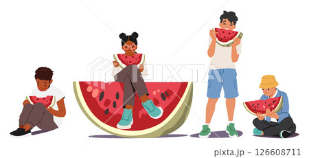 Trendy fashion teenage children cartoon characters eating watermelon snack isolated set on white Trendy fashion teenage children cartoon characters eating watermelon snack isolated set on white 126608711