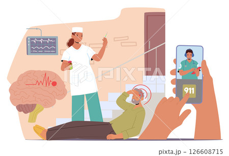 Ambulance emergency service call app to help man fallen with terrible headache on home stairs Ambulance emergency service call app to help man fallen with terrible headache on home stairs 126608715