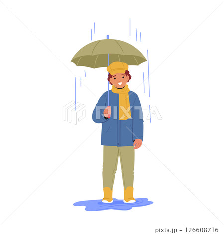 Handsome little boy child character holding umbrella standing under rain drops shower cartoon Handsome little boy child character holding umbrella standing under rain drops shower cartoon 126608716