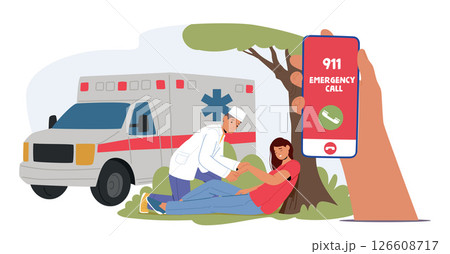 Woman having injury on walk in park calling emergency ambulance service for first aid cartoon scene 126608717