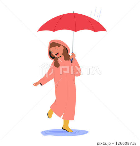 Cute girl child cartoon character with umbrella wearing raincoat and rubber boots dancing under rain Cute girl child cartoon character with umbrella wearing raincoat and rubber boots dancing under rain 126608718