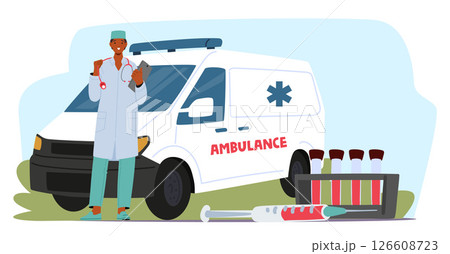 Doctor standing nearby ambulance car advertising high quality professional emergency service Doctor standing nearby ambulance car advertising high quality professional emergency service 126608723