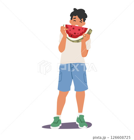 Preteen boy child cartoon character eating watermelon biting delicious food snack isolated on white 126608725