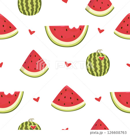 Juicy and ripe watermelon seamless pattern, color vector illustration in red and green shades Juicy and ripe watermelon seamless pattern, color vector illustration in red and green shades 126608763