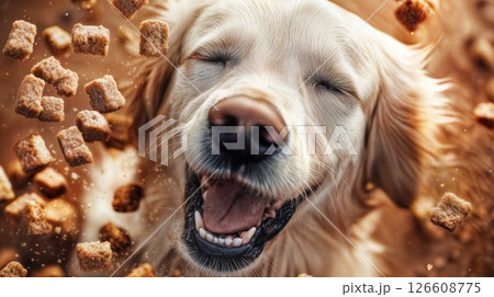 A smiling dog catches food 126608775