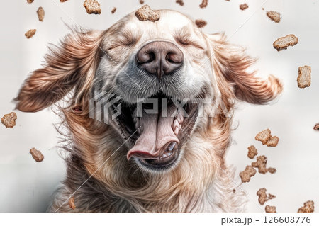 A smiling dog catches food 126608776