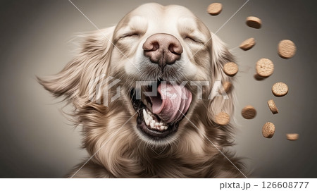 A smiling dog catches food 126608777