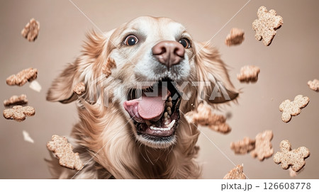 A smiling dog catches food 126608778
