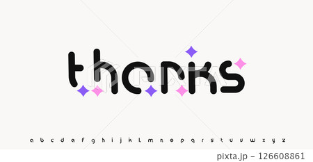 Thanks word in rounded modern font with sparkles. Playful cute phrase of appreciation for posters, cards, stickers, social media. Vector illustration Thanks word in rounded modern font with sparkles. Playful cute phrase of appreciation for posters, cards, stickers, social media. Vector illustration 126608861