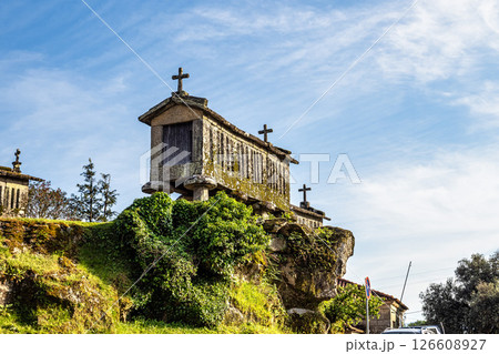 The communitarian granaries, called espigueiros, in the village of Soajo, Peneda National Park, Northern Portugal 126608927