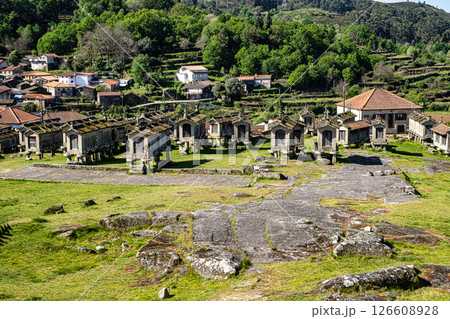The communitarian granaries, called espigueiros, in the village of Lindoso, Peneda National Park, Northern Portugal 126608928