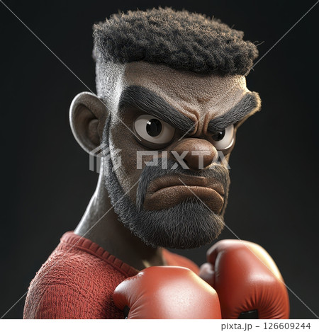 Angry Cartoon Boxer Portrait Close Up of a Dark Skinned Man in Red Boxing Gloves Angry Cartoon Boxer Portrait Close Up of a Dark Skinned Man in Red Boxing Gloves 126609244