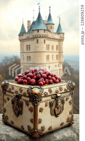 Antique Box of Red Berries Before a Medieval Castle 126609259