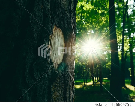 Sunlight filtering through trees, highlighting a scuffed trunk in a lush forest 126609759