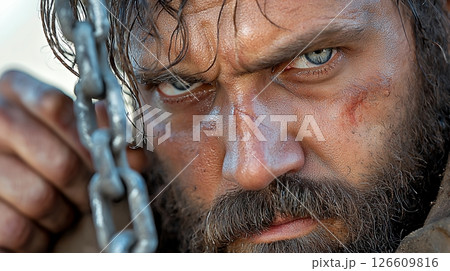 Close Up Portrait Weathered Man Grime Frost Intense Gaze Metal Chain Close Up Portrait Weathered Man Grime Frost Intense Gaze Metal Chain 126609816
