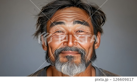 Close Up Portrait Weathered Man Salt Pepper Beard Gray Background Close Up Portrait Weathered Man Salt Pepper Beard Gray Background 126609817