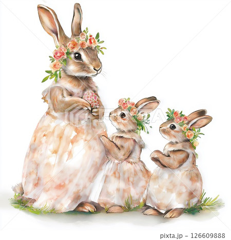 Watercolor bunny mom and kids preparing for spring celebrations with pastel eggs Watercolor bunny mom and kids preparing for spring celebrations with pastel eggs 126609888