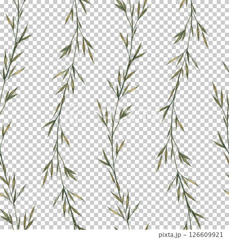 Seamless pattern of field grass spikelets. A hand-drawn watercolor illustration. For packaging, textiles, wallpaper, printing and wrapping paper, tablecloths, curtains and home decor. 126609921