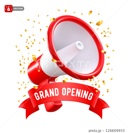 Grand Opening Label With 3D Megaphone 126609933
