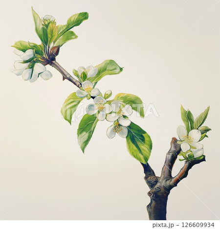 Watercolor depiction of delicate apple blossoms on a branch in full bloom during springtime 126609934