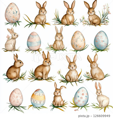 Charming watercolor bunny and egg clip art for Easter celebrations and crafts 126609949