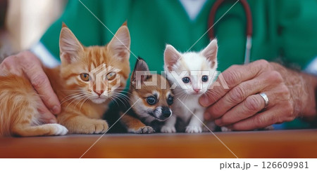 Close-up view of a doctor holding a kitten and a small dog in a caring moment 126609981