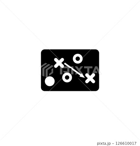 Simple black vector icon of a strategy board with X, O, and arrows, representing tactics. Simple black vector icon of a strategy board with X, O, and arrows, representing tactics. 126610017