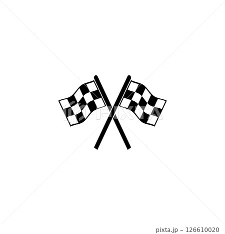 Simple black vector icon of crossed checkered flags, representing racing and motorsports. 126610020
