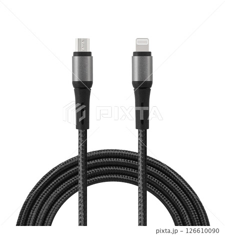 Black cable for charging and synchronization with Lightning and Micro USB connectors on a white isolated background Black cable for charging and synchronization with Lightning and Micro USB connectors on a white isolated background 126610090