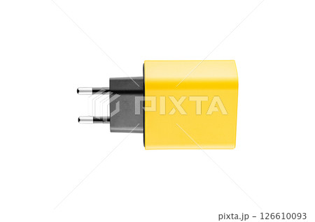 adapter for charger with USB and Type C connector, yellow, on isolated or white background 126610093