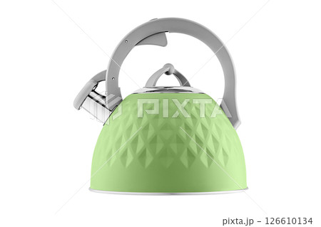 kettle with whistle, matte green color, with rhombus texture on isolated and white background kettle with whistle, matte green color, with rhombus texture on isolated and white background 126610134