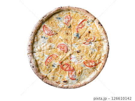 Four Cheese Pizza isolated white background close up 126610142