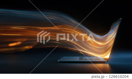 Modern laptop emitting golden light trails in...のイラスト素材 [126610204] - PIXTA