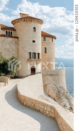 Picturesque Stone Castle with Red Tile Roofs on Coastal Cliff Under Blue Sky 126610303