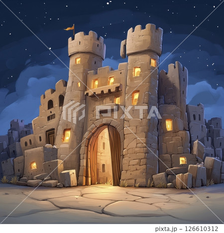 Stone Castle at Night with Open Gate and Starry Sky 126610312